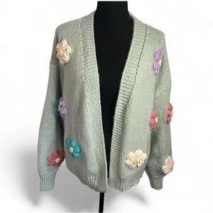 Luna Ivy Anthropologie Sz L Cardigan Floral Oversized Green Puffed Crocheted